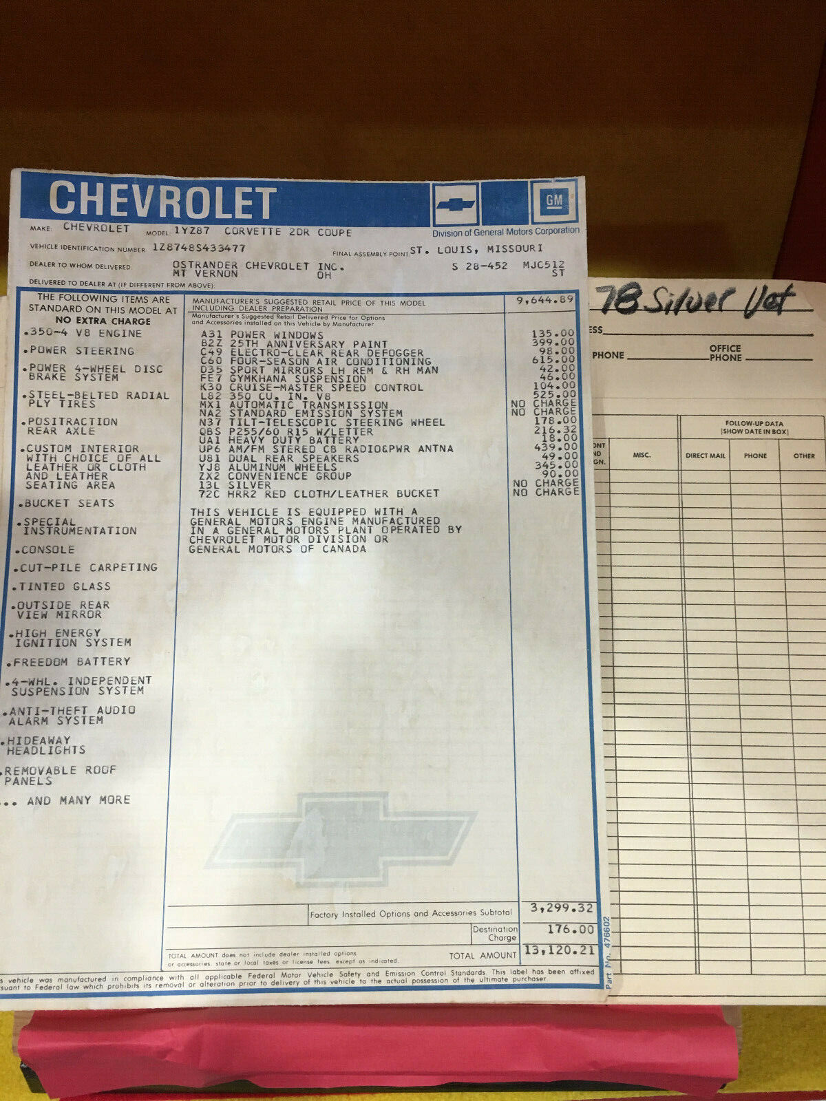 1978 L82 ANNIVERSARY CORVETTE WINDOW STICKER WITH EVERY OPTION AND DOCUMENTATION