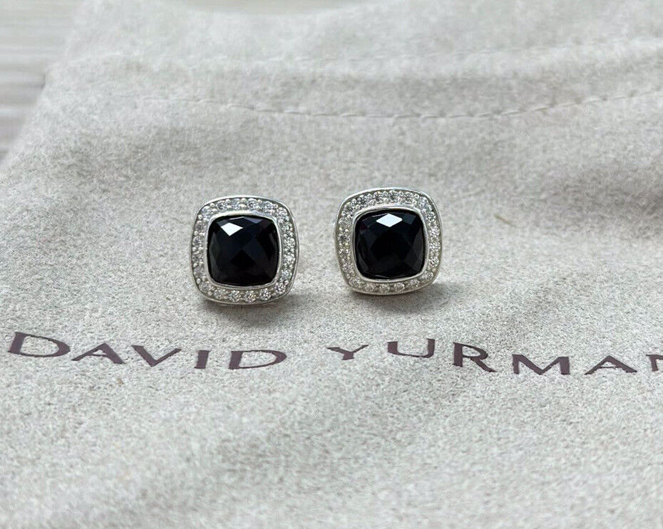 David Yurman Sterling Silver 7mm Albion Earrings Black Onyx & Diamonds