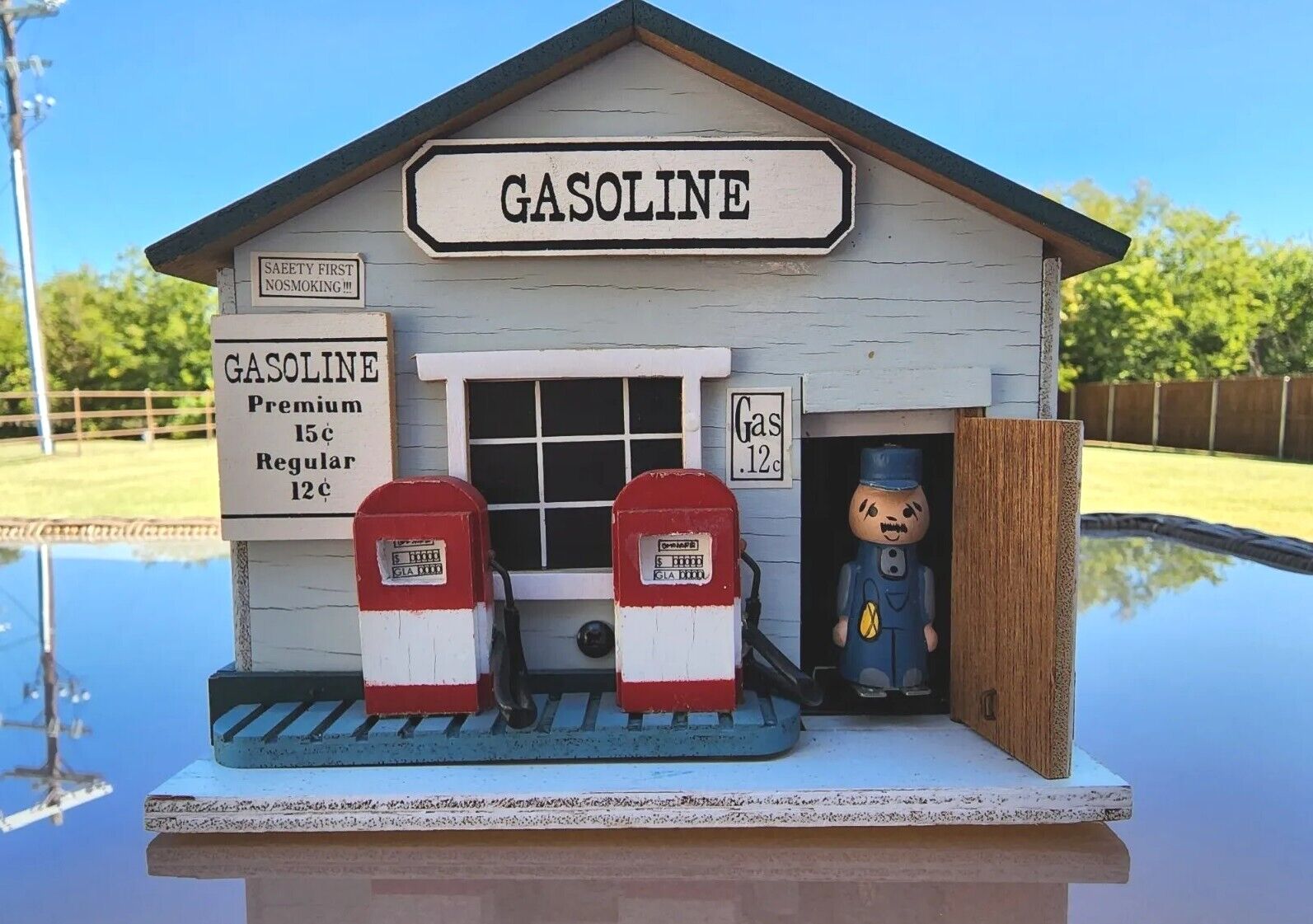Wind Up Musical Moving Toy Gasoline Shoppe with Opening Front Door Handmade VTG