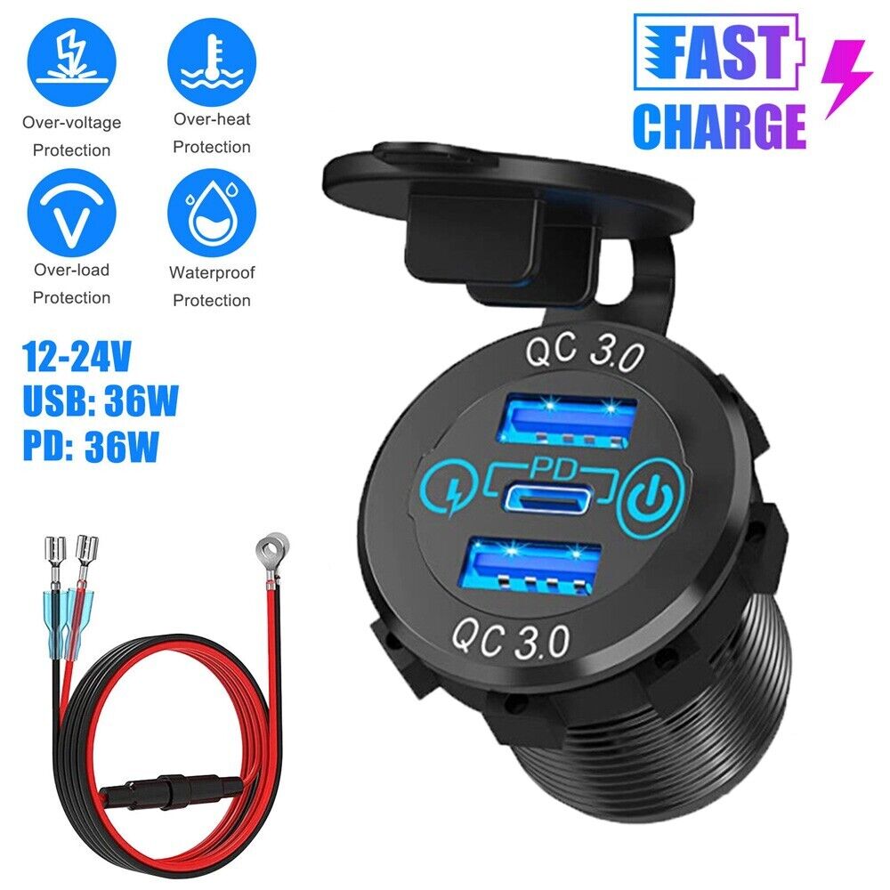 USB Car Charger Dual QC3.0 PD Type C Triple Charging Port Outlet Socket For 12V