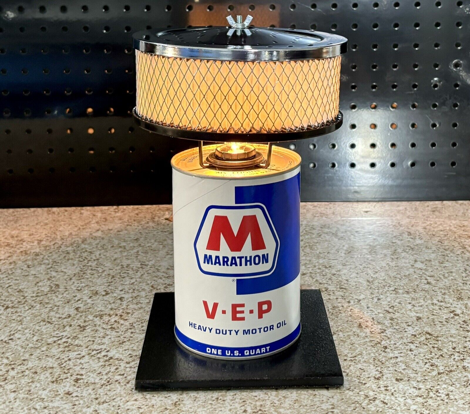 Authentic Marathon Oil Can Lamp with Chrome Air Cleaner Shade