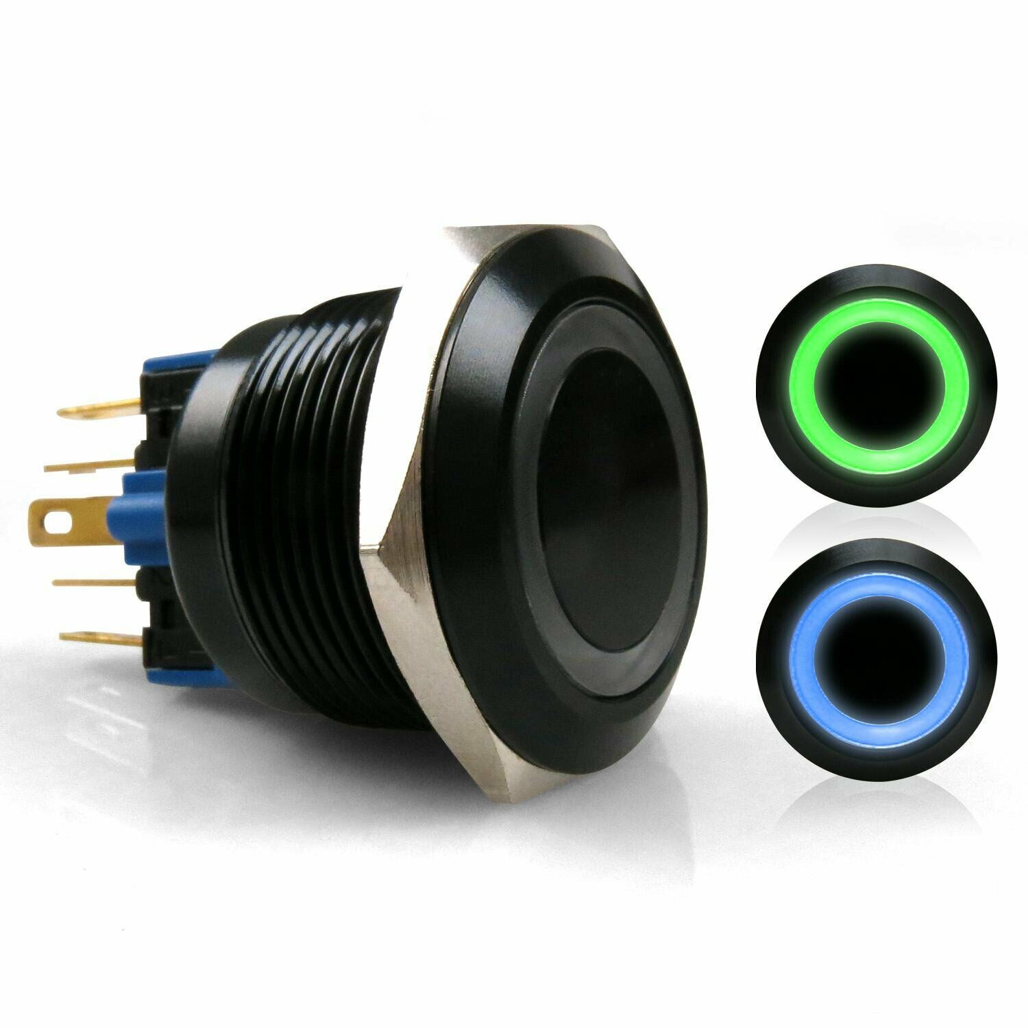 22mm Momentary Black Anodized Buttons with LED Blue or Green Ring hot rods