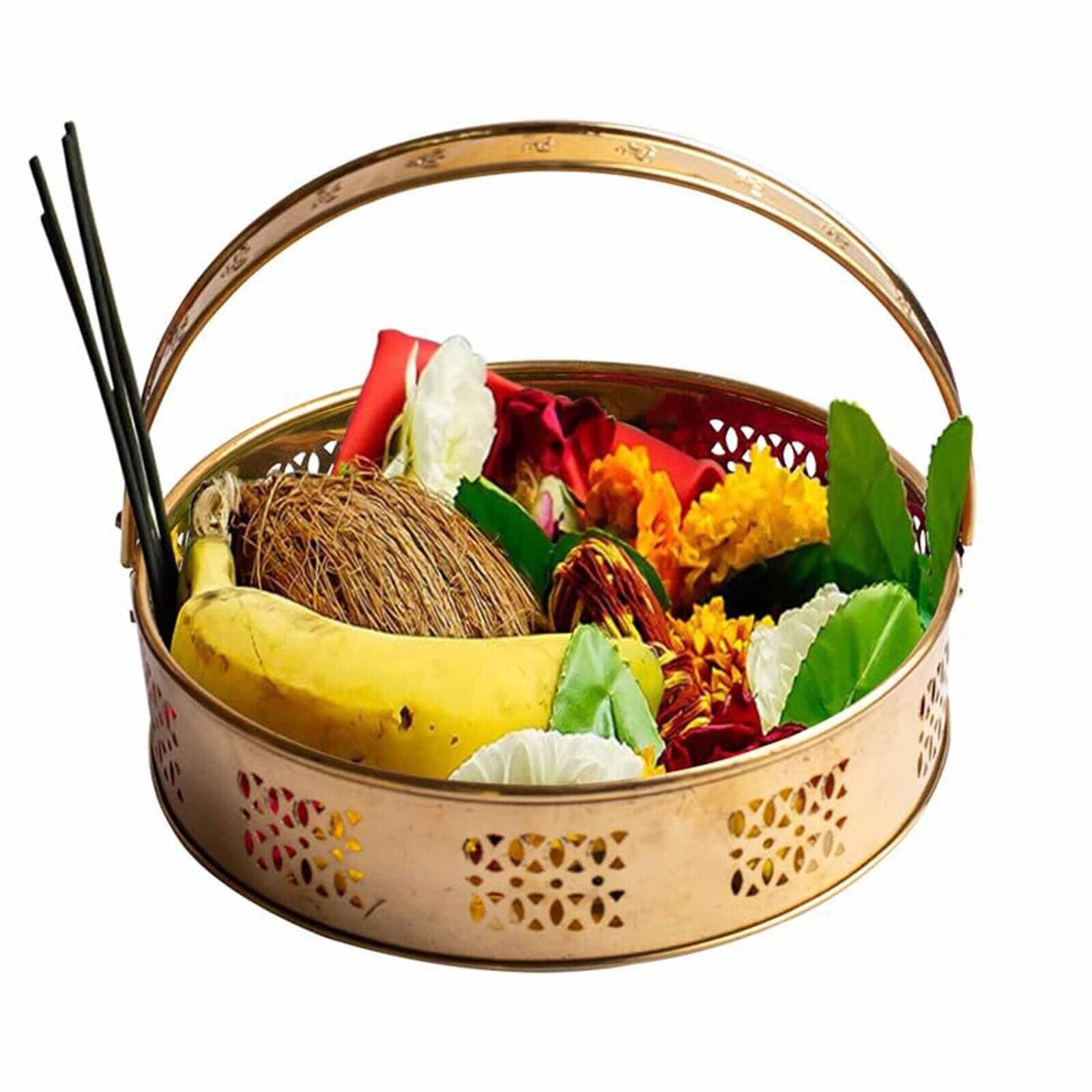 Brass Golden Color Flower Basket | Pooja Basket with Handle | Dolchi Basket