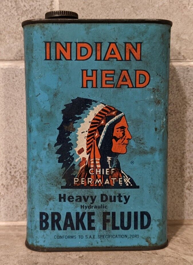 Indian Head Heavy Duty Hydraulic Brake Fluid Tin Can Vintage Chief Permatex