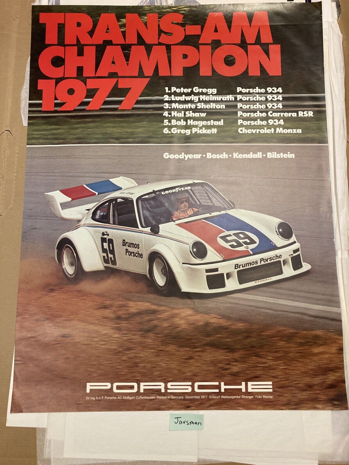 Original Porsche Racing Poster Trans Am Champion 1977 Great Condition