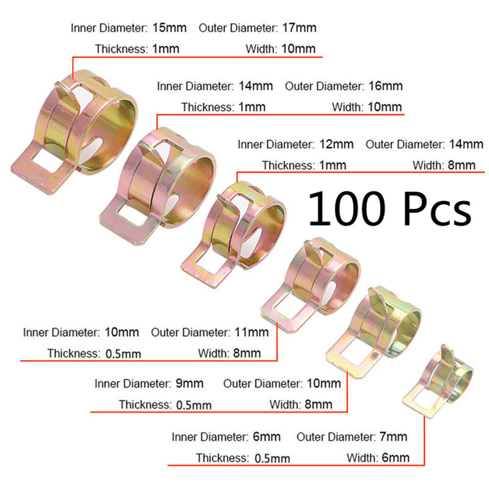 100 Pcs 10 Sizes Autos Spring Clip Fuel Oil Water Hose Pipe Tube Clamp Fastener