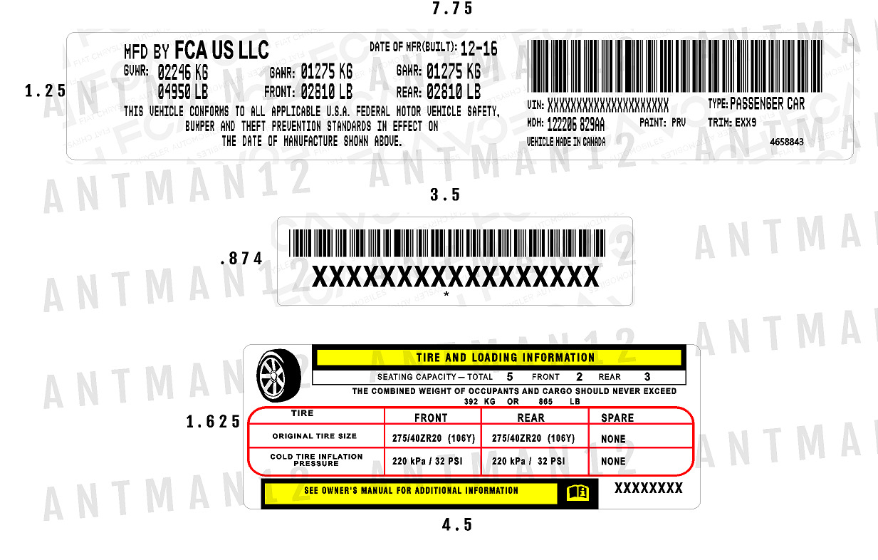 CUSTOM FCA CHRYSLER Decal Sticker ID Label Tire Loading Information VIN# USA 3M