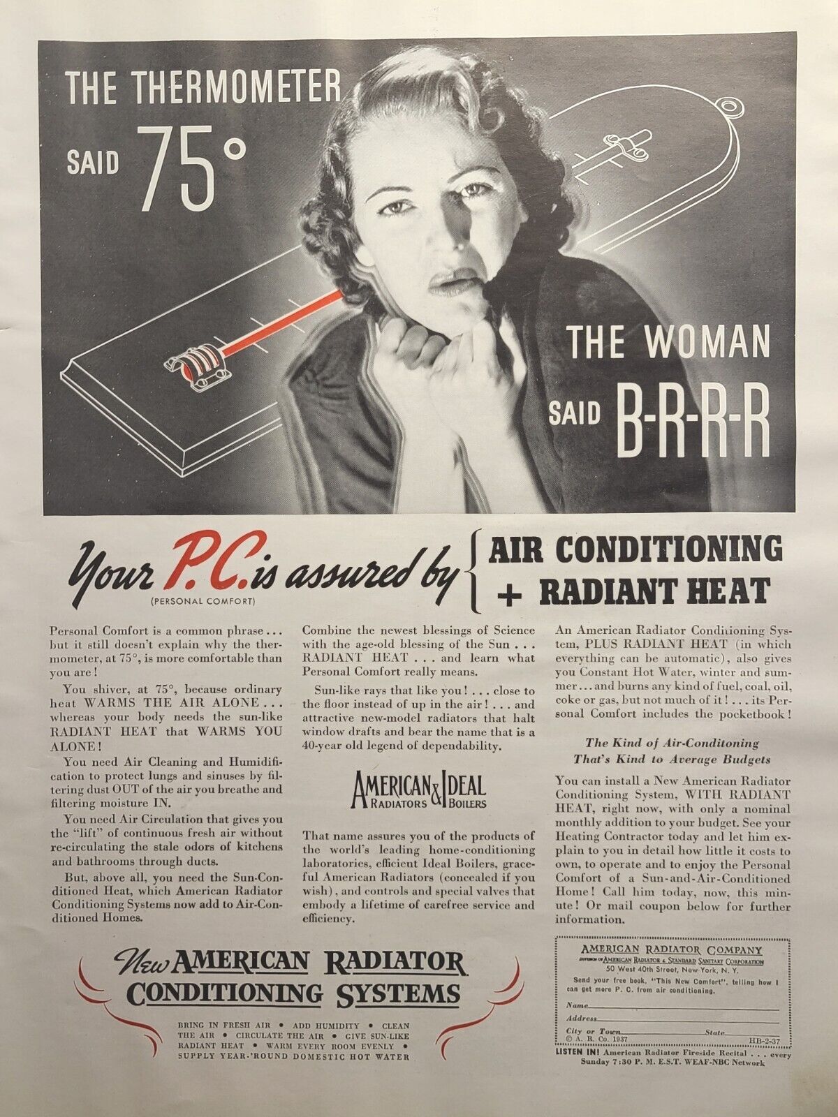 American Radiator Company Air Conditioning Radiant Heat Vintage Print Ad 1937