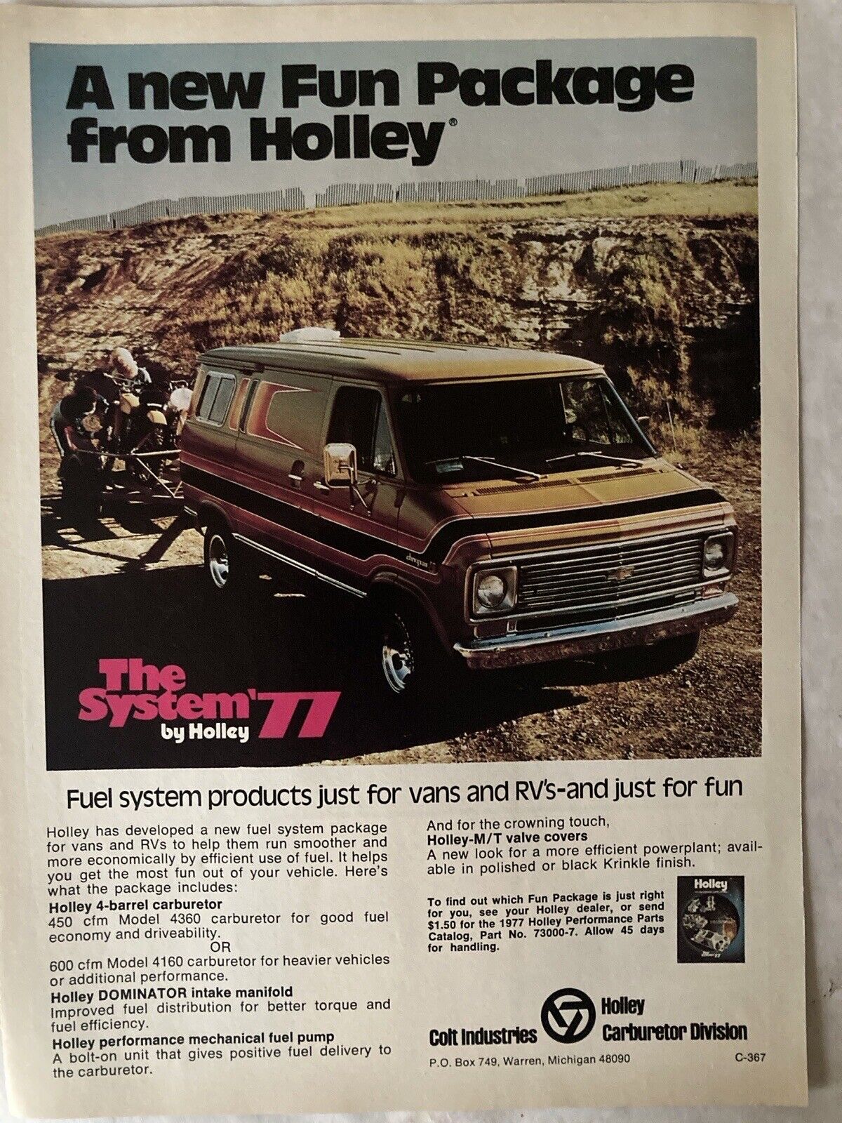 1977 Holley The System \'77 Print Ad Intake Carburator Fuel Pump Chevy Van