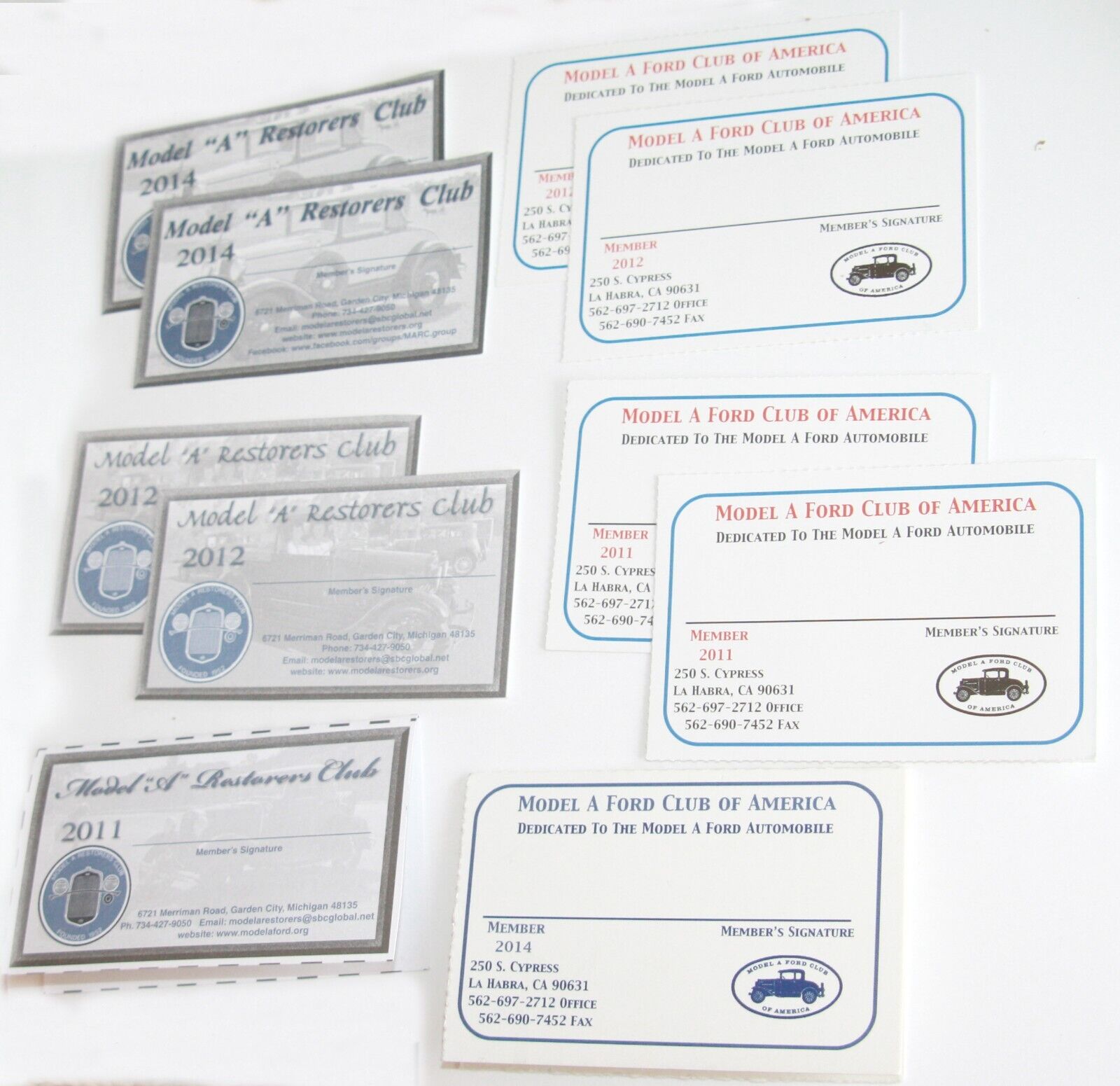 Model A Ford Club of America Restorers Club membership cards 2011 - 2014