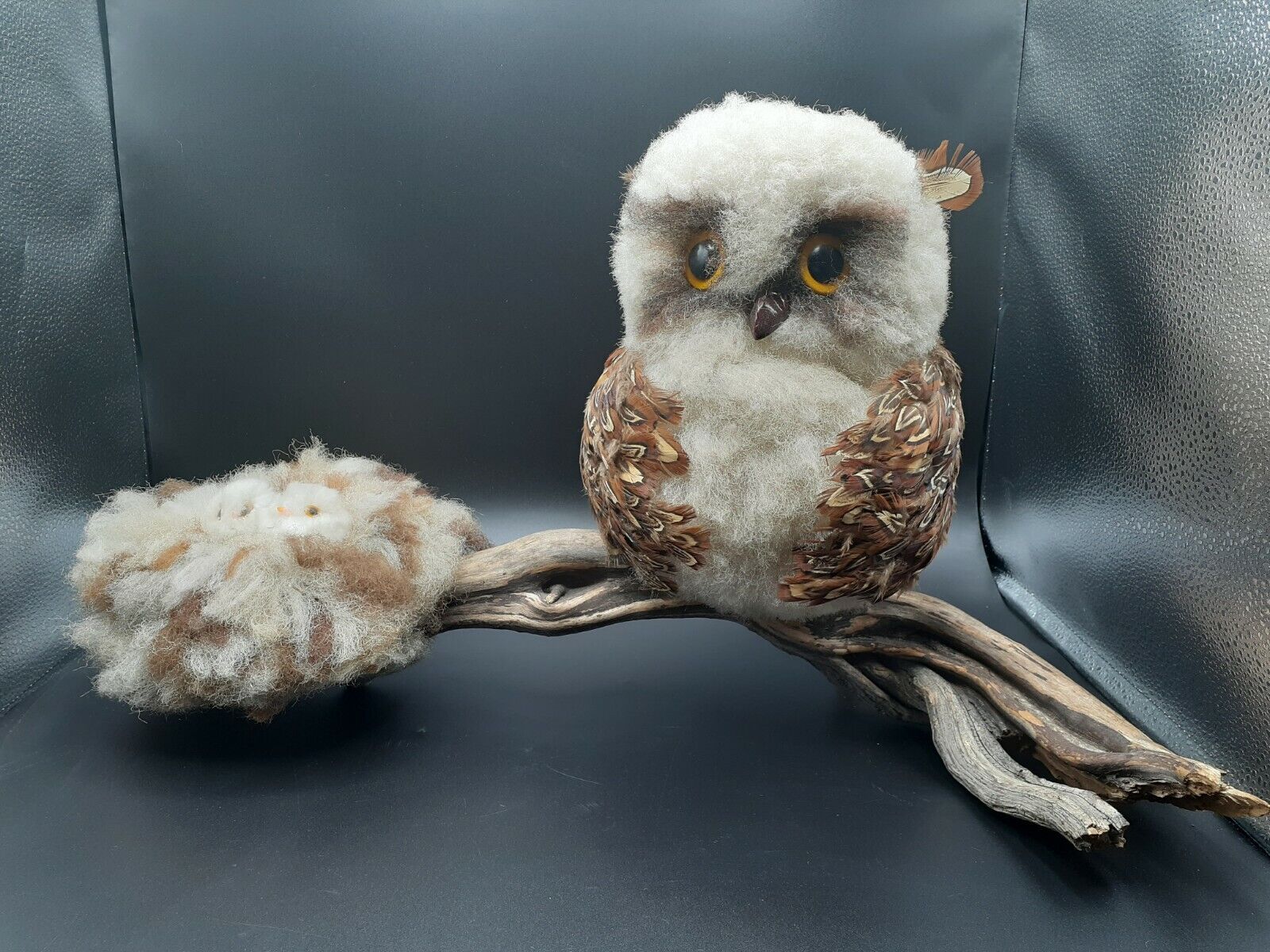 Vintage Wool Owl Mother & Babies On A Nest Sculpture, MCM, 20\