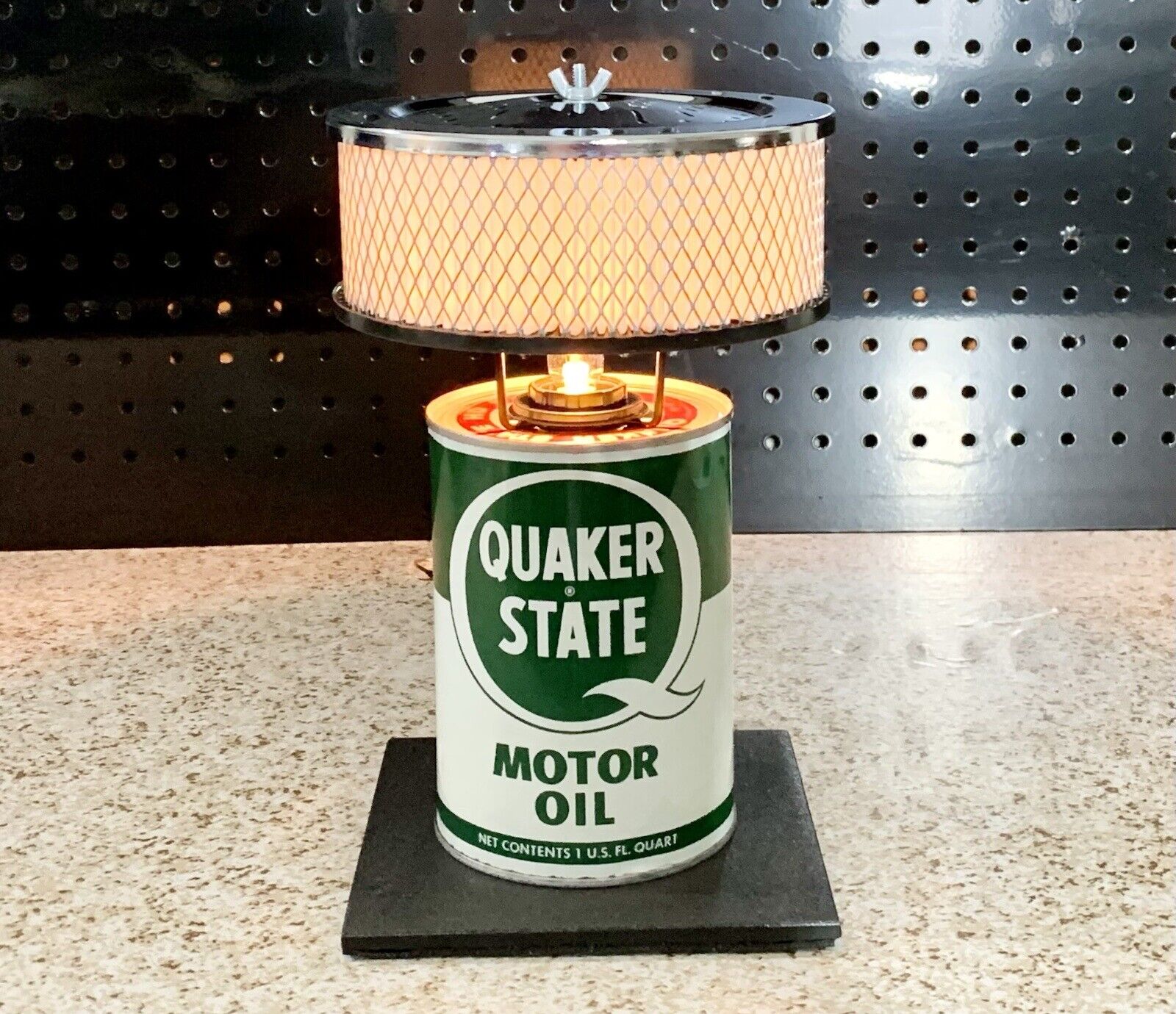 Authentic Oil Can Lamp Quaker State with Chrome Air Cleaner Shade