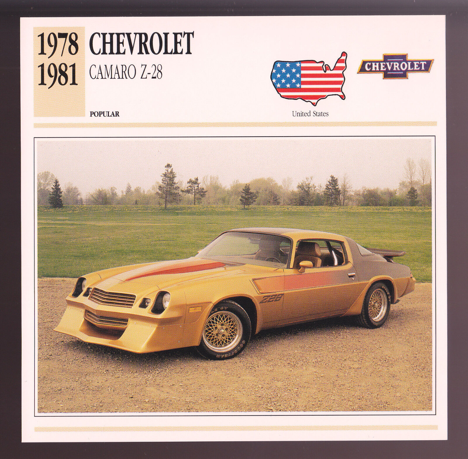 1978-1981 Chevrolet Camaro Z-28 Z28 Car Photo Spec Sheet Info CARD 1979 1980