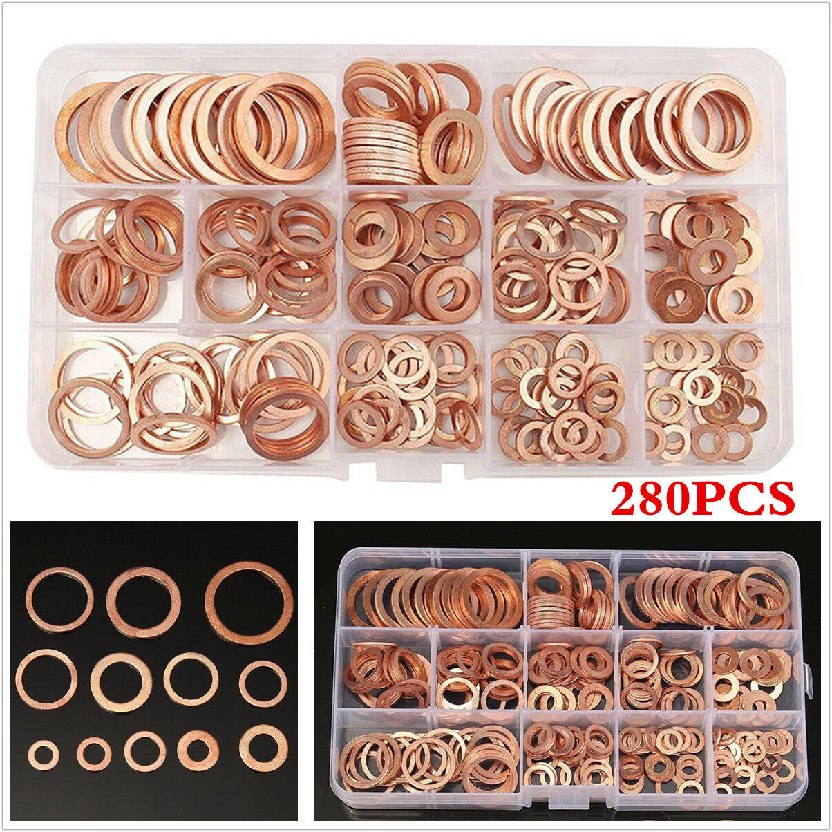 12 Sizes 280Pcs Solid Copper Crush Washers Seal Flat Ring Hydraulic Fittings Set