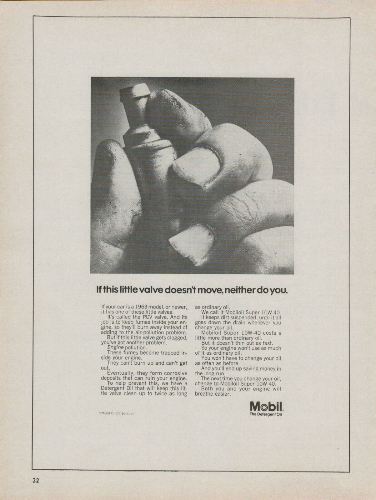 1970 Mobil Detergent Oil PCV Valve Movement Air-Pollution Photo Vintage Print Ad