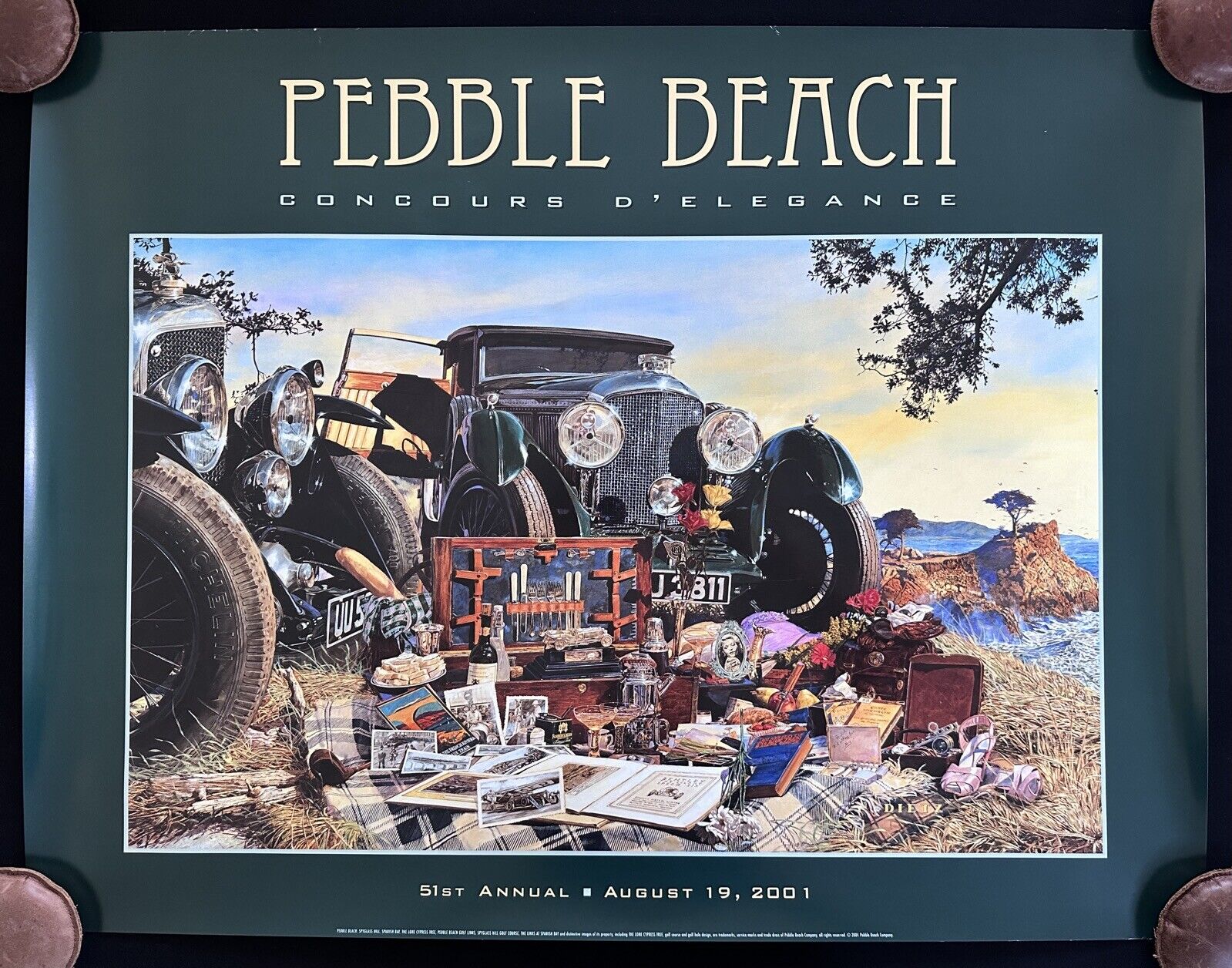 2001 Pebble Beach Concours Poster James Dietz Bentley Blue Train Lone Cypress
