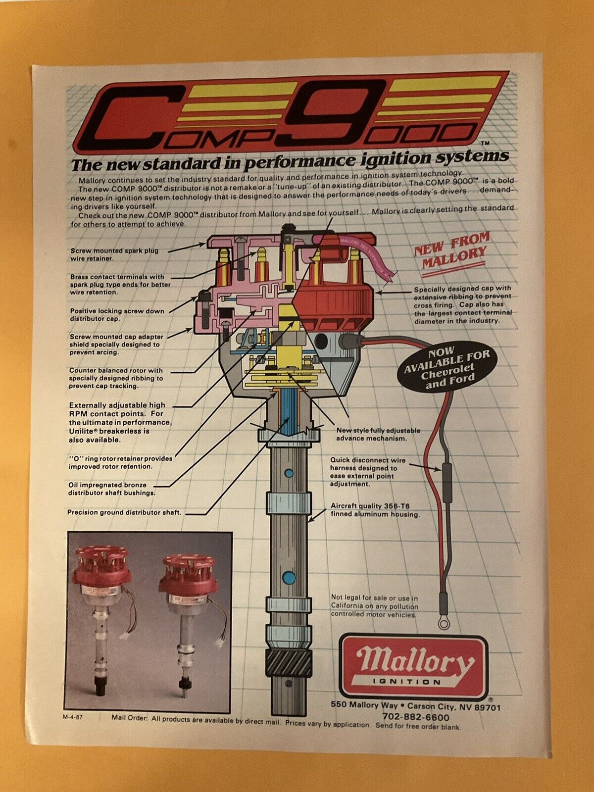 1988 Mallory Ignition Print Ad Comp 9000 Distributor  Chevy Ford Orig  VTG 88-2