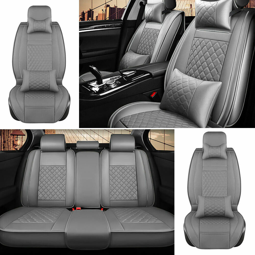 Gray Auto PU Leather Seat Cover Full Set 5-Sits Car SUV Universal Front+Rear US