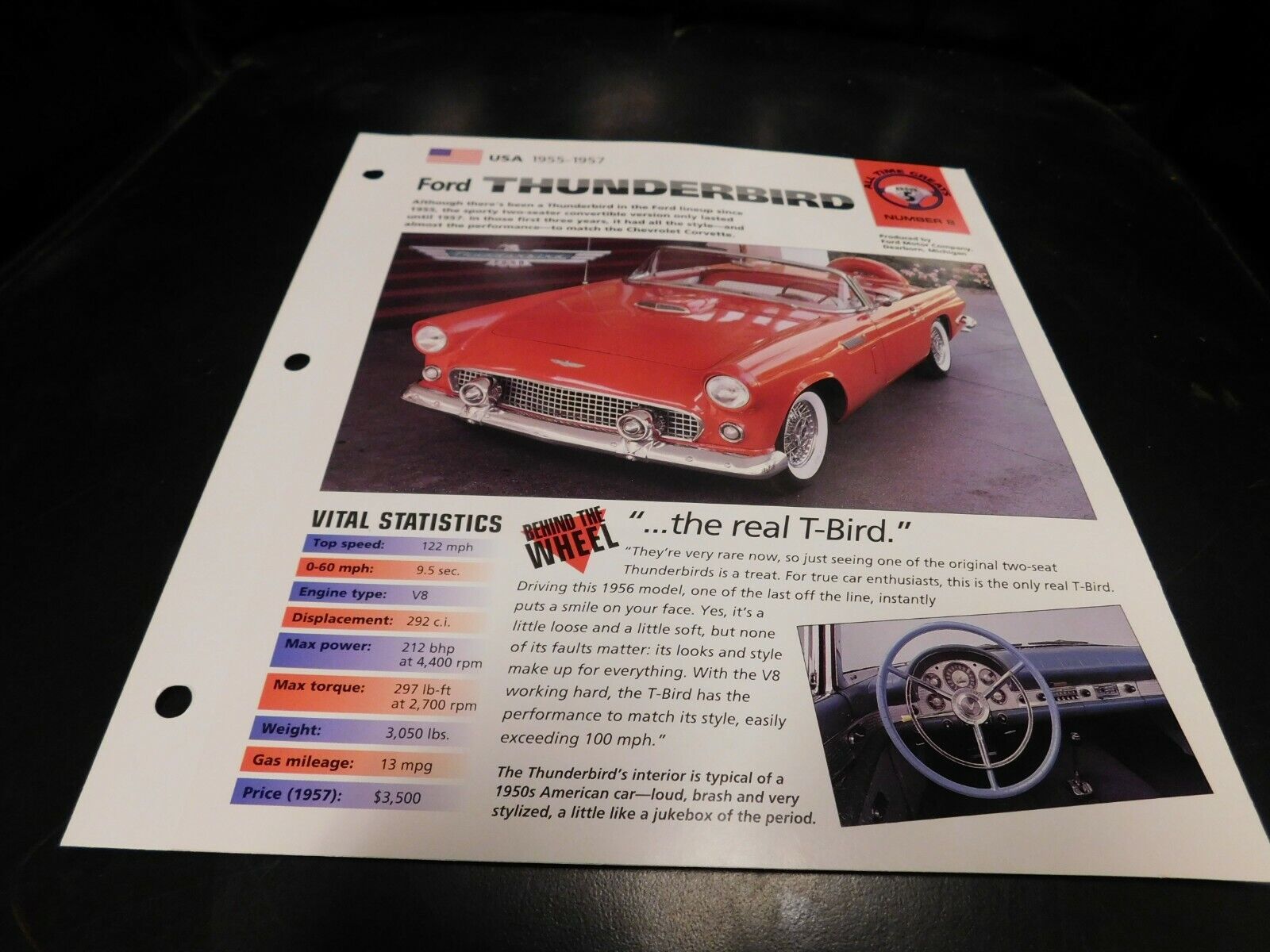 1955-1957 Ford Thunderbird Spec Sheet Brochure Photo Poster 1956