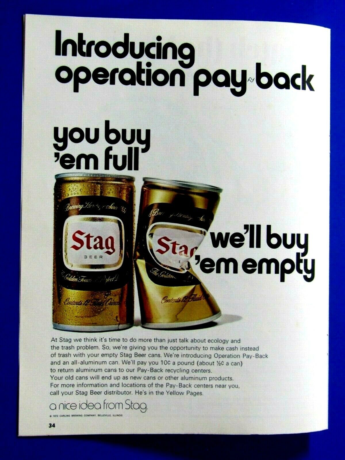 1972 Stag You Buy Full We Buy Empty Original Regional Print Ad-8.5 x 11\