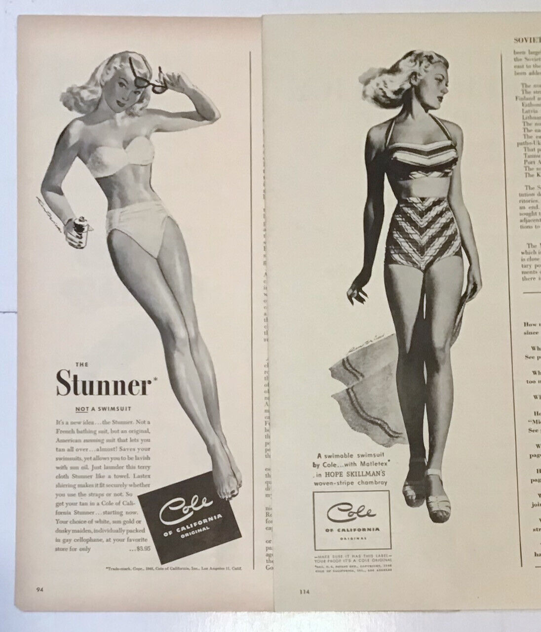 1946, 1948 magazine ads for Cole Swimwear - The Stunner, Hope Skillman chambray