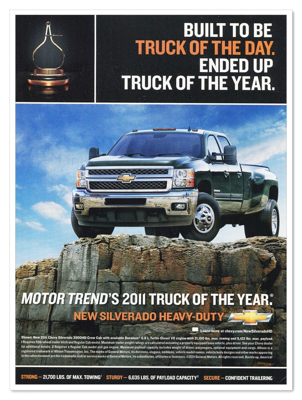 Chevrolet Silverado Motor Trend\'s Truck of the Year 2011 Print Magazine Auto Ad