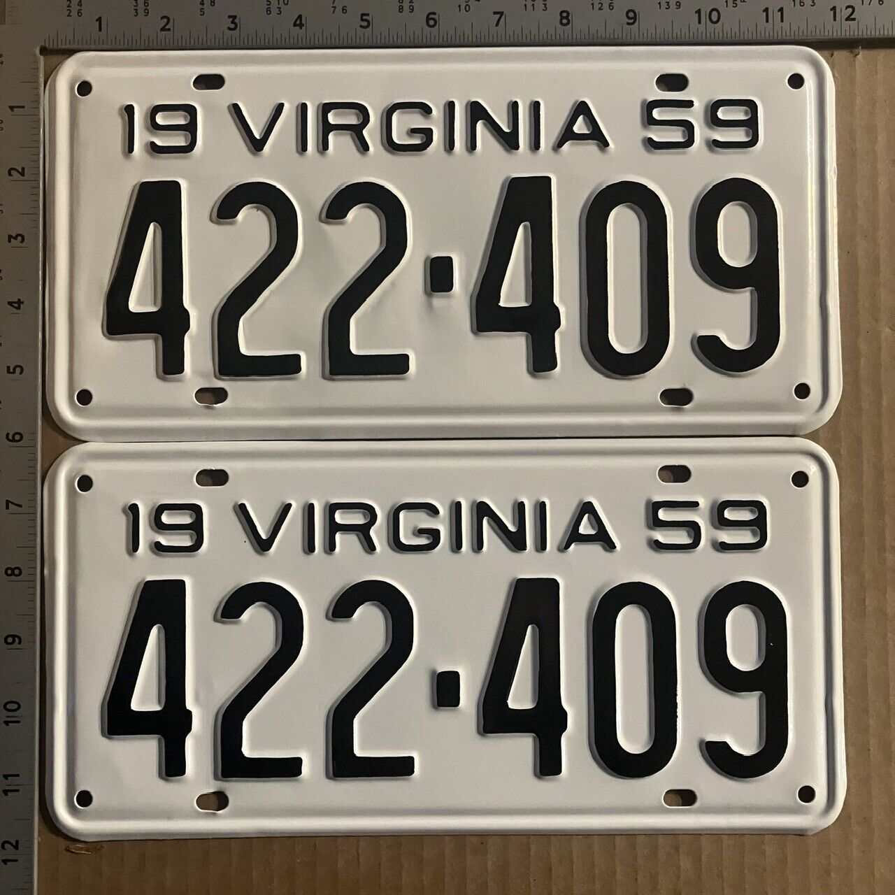 1959 Virginia license plate pair 422-409 YOM DMV Chevy SHE\'S REAL FINE 10292