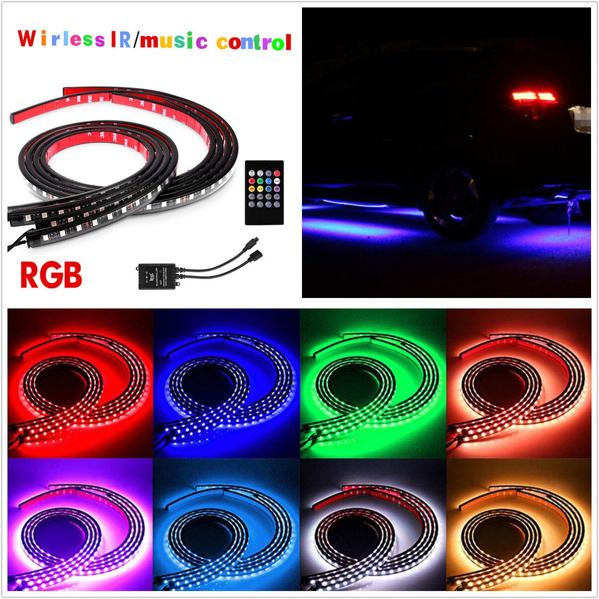 4 Pcs 12V Multi-Color Car Tube LED Neon Strips Underglow Lamps & Wireless Remote