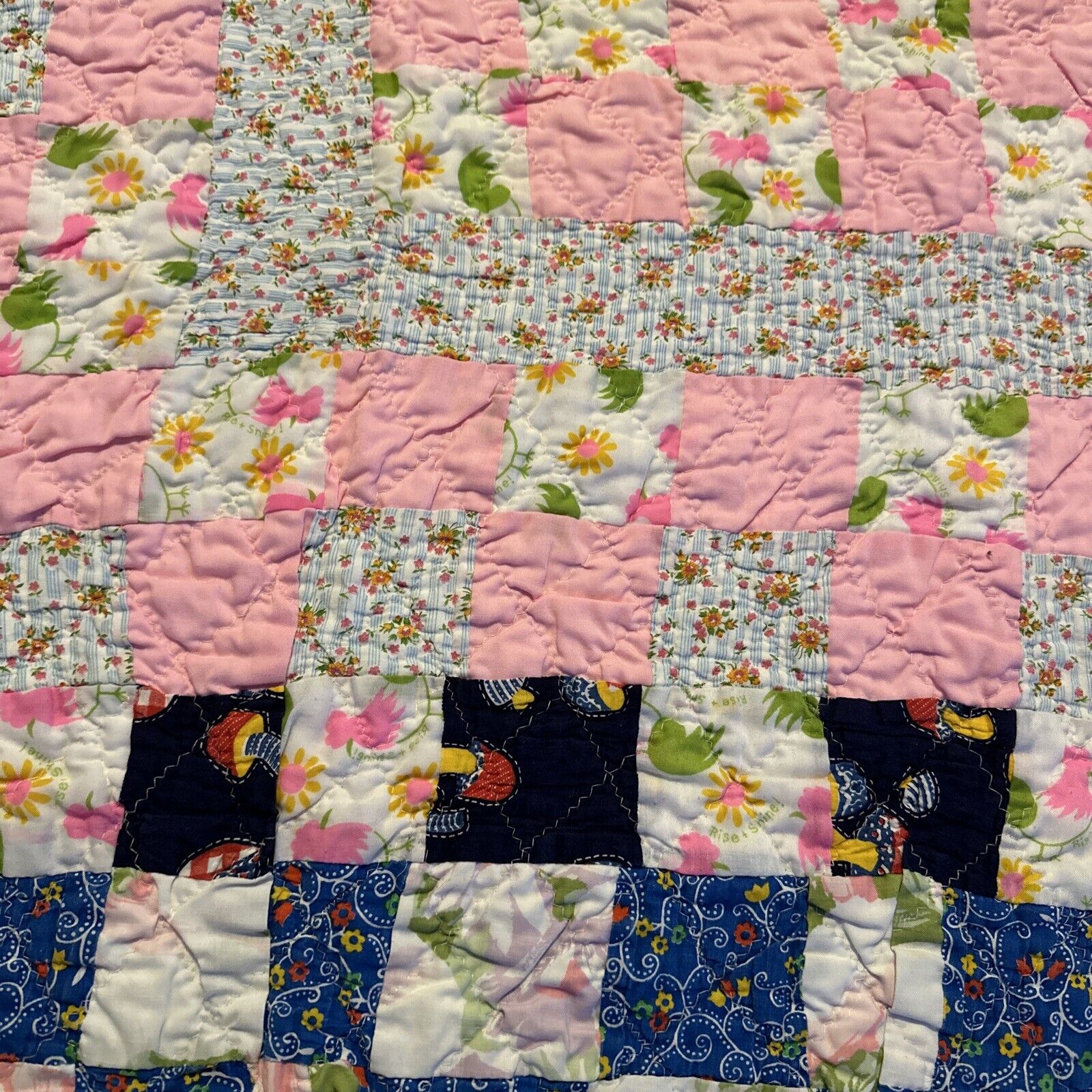 50/60s Vintage Patchwork Quilt Coverlet Pink Blue blocks Floral Mushroom  63x80\