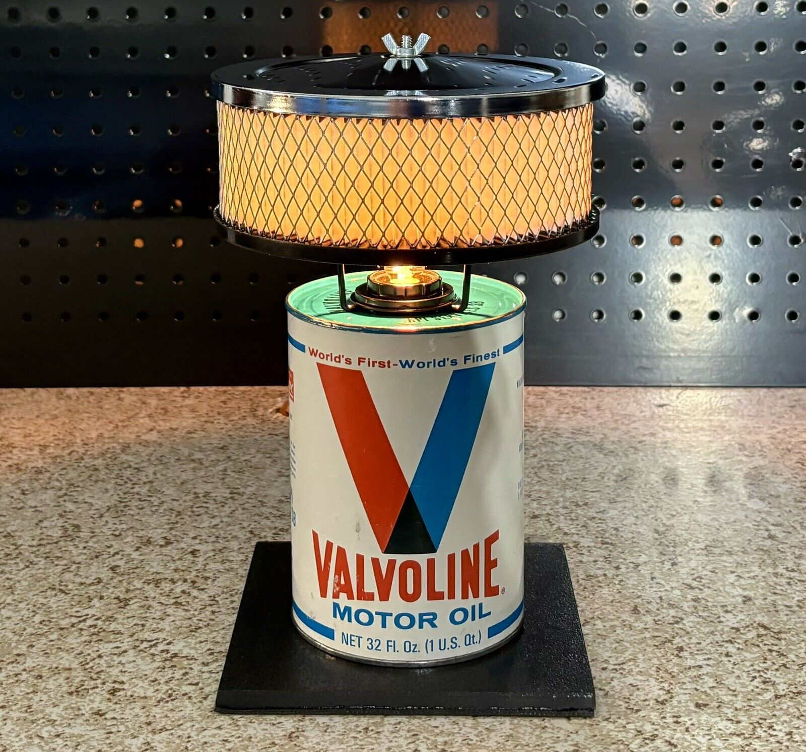 Authentic Valvoline Oil Can Lamp with Chrome Air Cleaner Shade