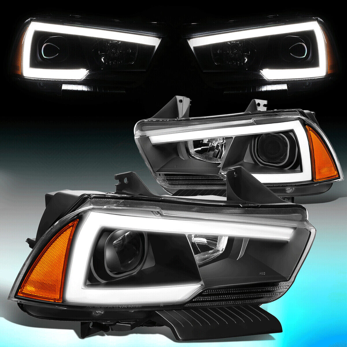 FOR 2011-2014 DODGE CHARGER PAIR LED DRL PROJECTOR HEADLIGHT LAMPS BLACK/AMBER