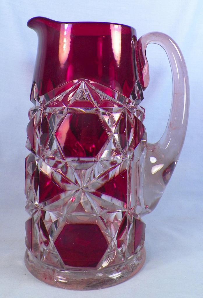 Big Button Water Pitcher Ruby Stain EAPG Block & Star 1891 Antique