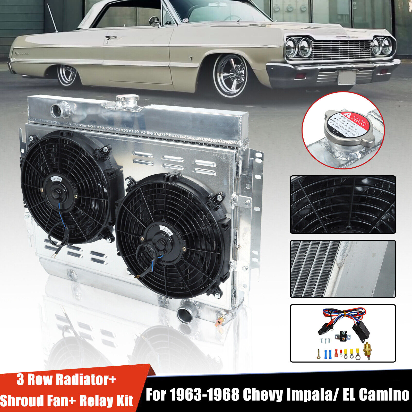 For Chevy Impala/ EL Camino 63-68 Aluminum Radiator 3 Row +Shroud Fan+ Relay Kit