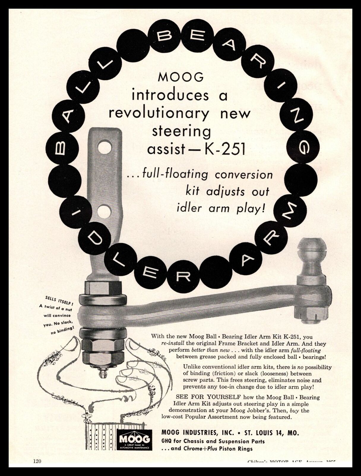1955 MOOG St Louis Ball Bearing Idler Arm K-251 Steering Assist Vintage Print Ad