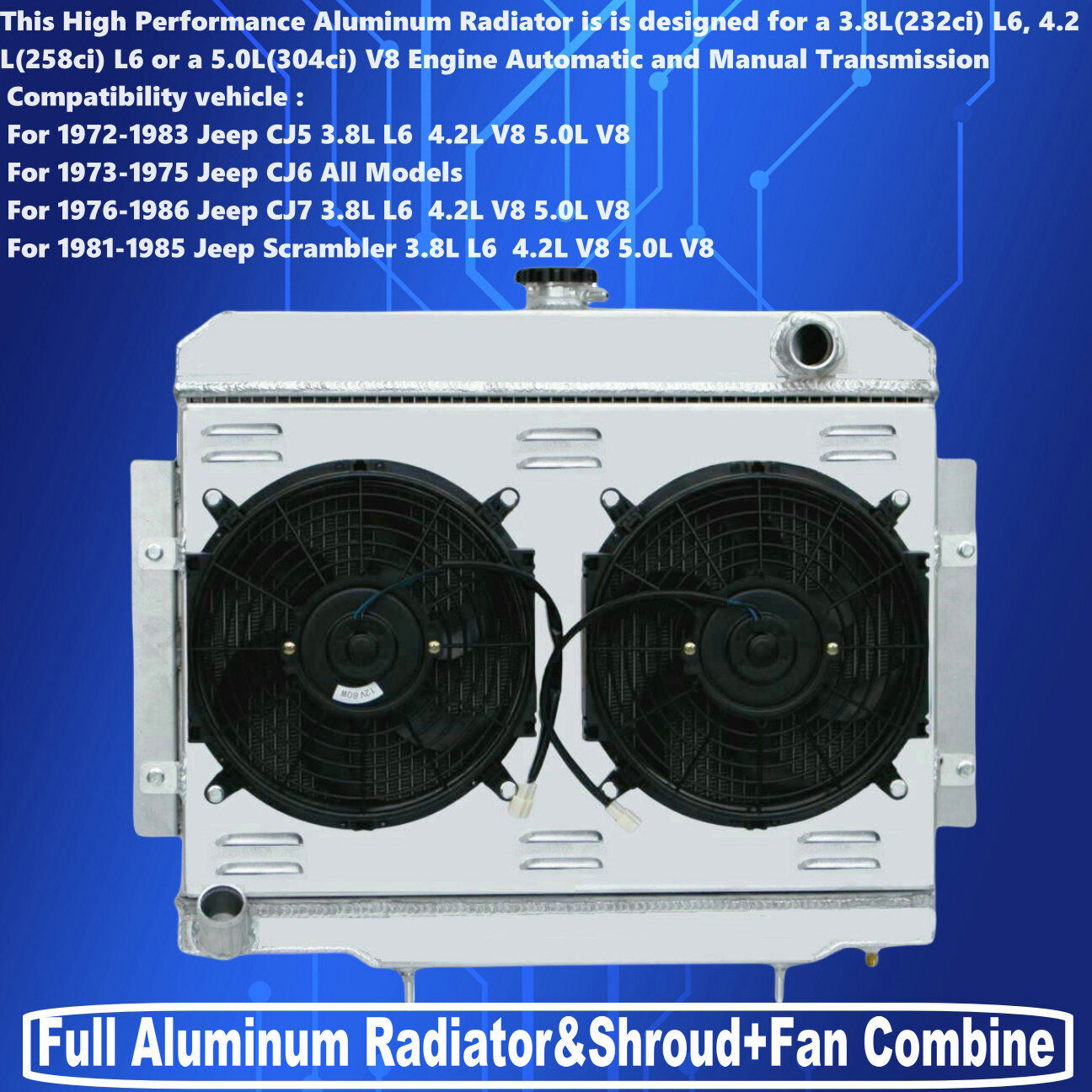 4Row Aluminum Radiator&Shroud Fan For 1972-1986 Jeep CJ5,CJ6,CJ7,Scrambler AT,MT
