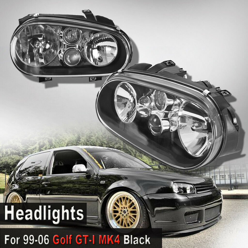 Headlights  For 99-06 Golf GT-I MK4 Black Pair With Built-in Projector Fog Lamps