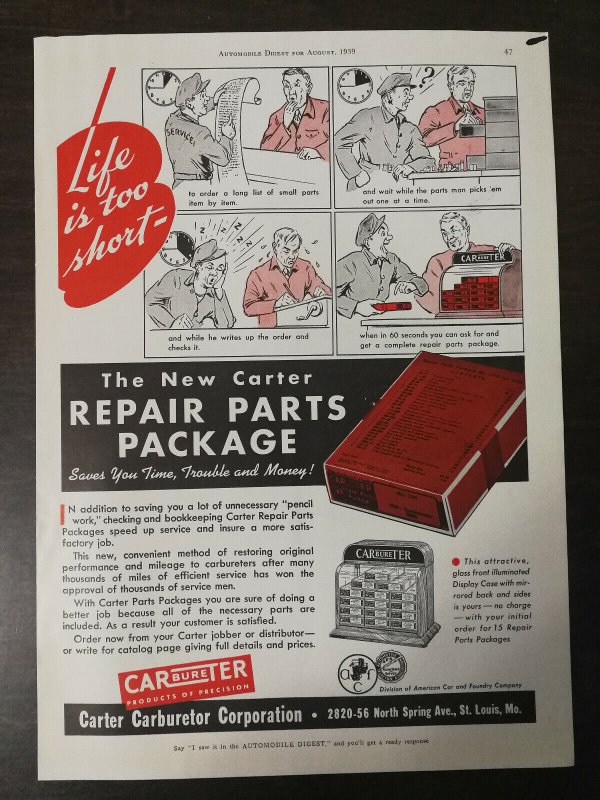 Vintage 1939 Carter Carburetor Repair Parts Package Full Page Original Ad 1221b