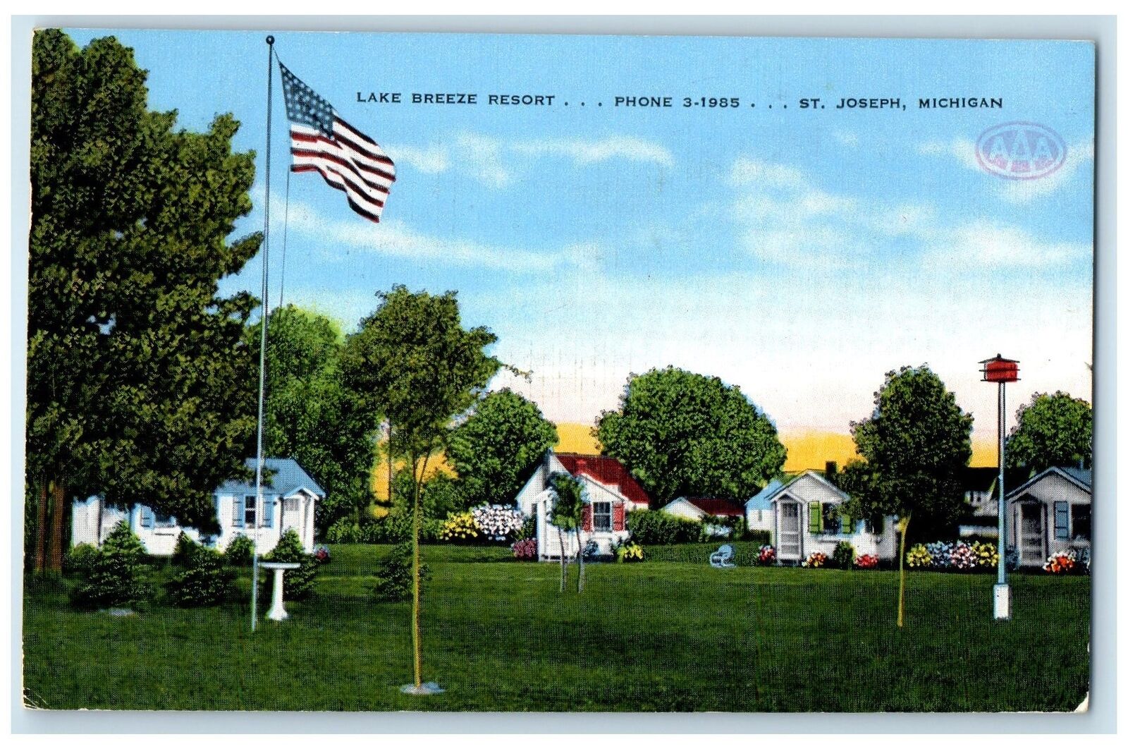 1949 Lake Breeze Resort Cabins Grounds US Flag St. Joseph Michigan MI Postcard