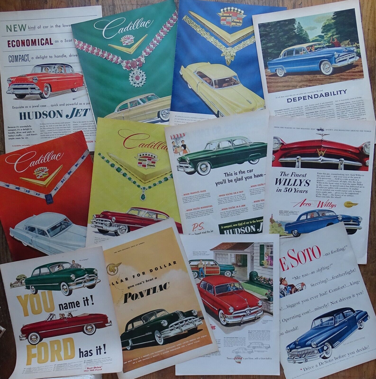 24 Car Ads (1949-1953) Kaiser, Oldsmobile, De Soto, Hudson, Ford, Cadillac, etc