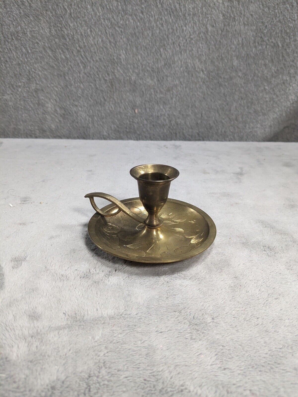 Vintage Solid Etched Brass Small 3x4 Finger Hole Handle Candle Holder