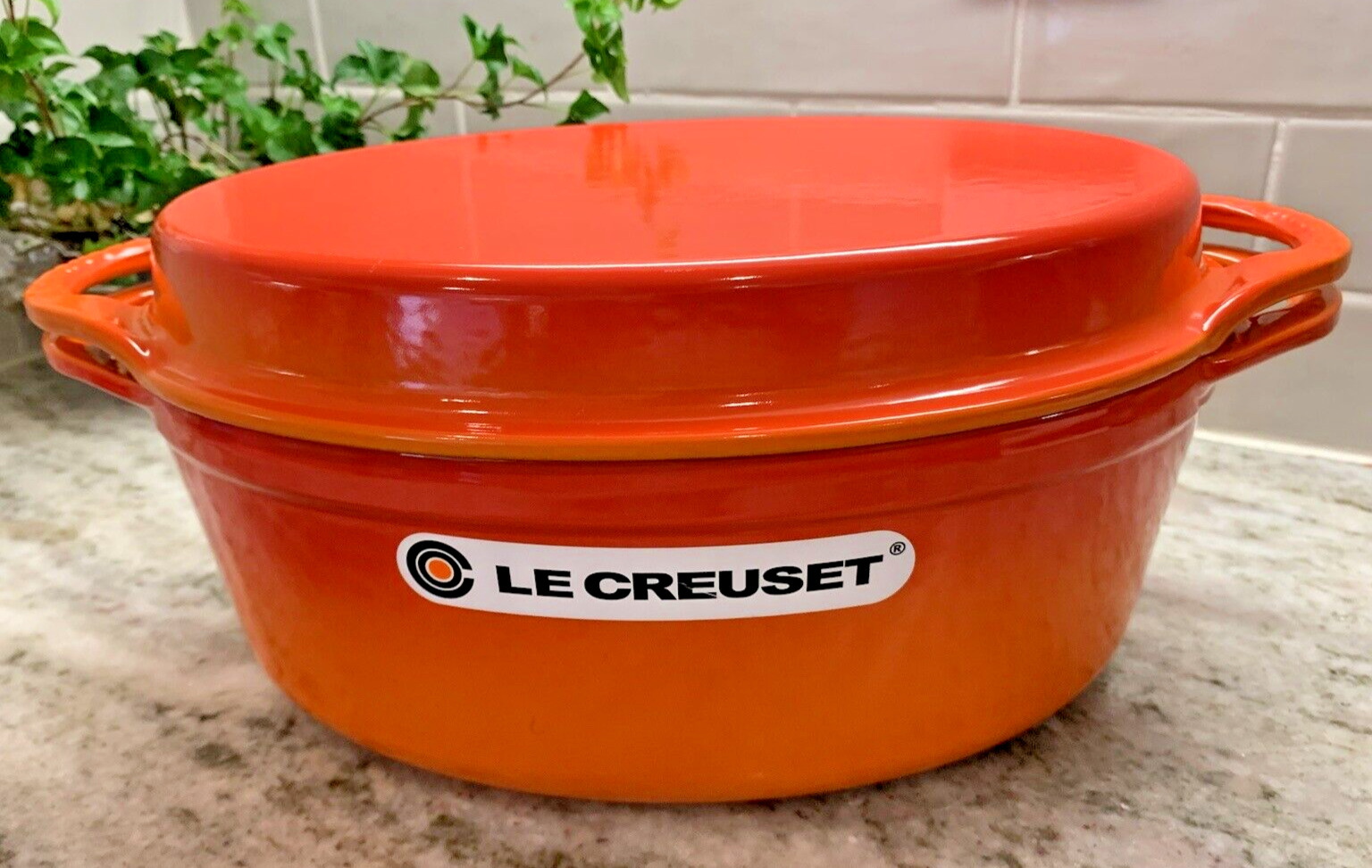 RARE Le Creuset 28cm 4 3/4 Qt. Oval Dutch Oven w/ Grill Pan Lid Obre Orange New