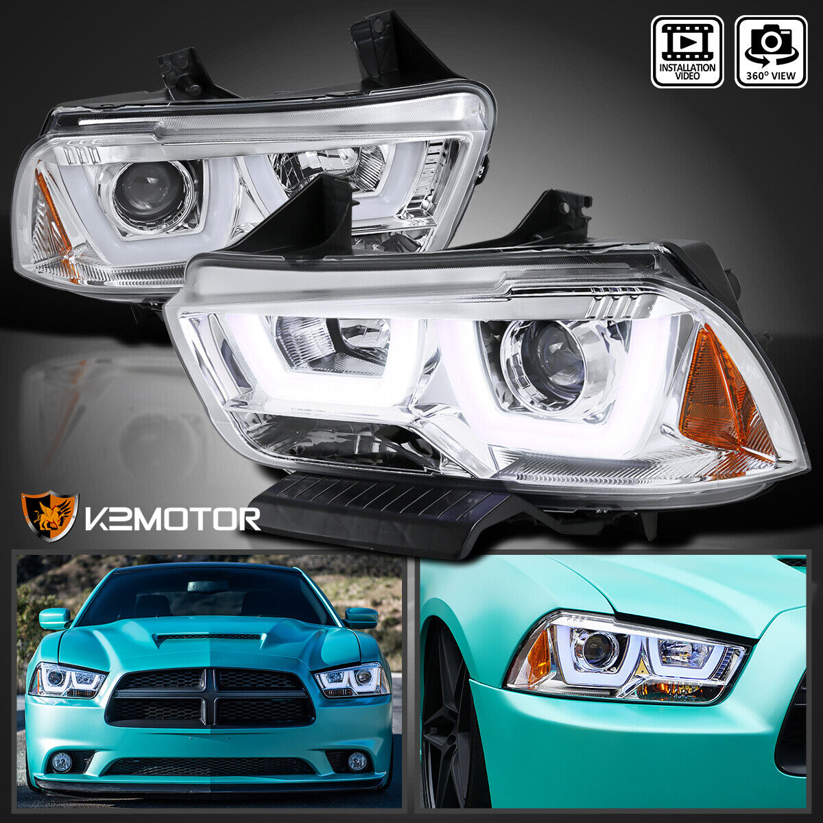 Fits 2011-2014 Dodge Charger Clear LED Bar Tube Projector Headlights Lamps 11-14