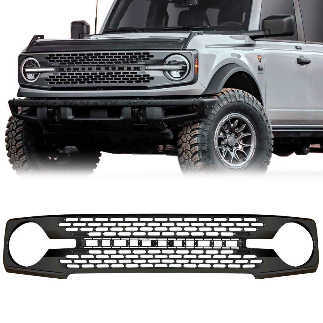 Front Bumper Grille Hood Grill For 2021 2022 Ford Bronco Matte Black ABS