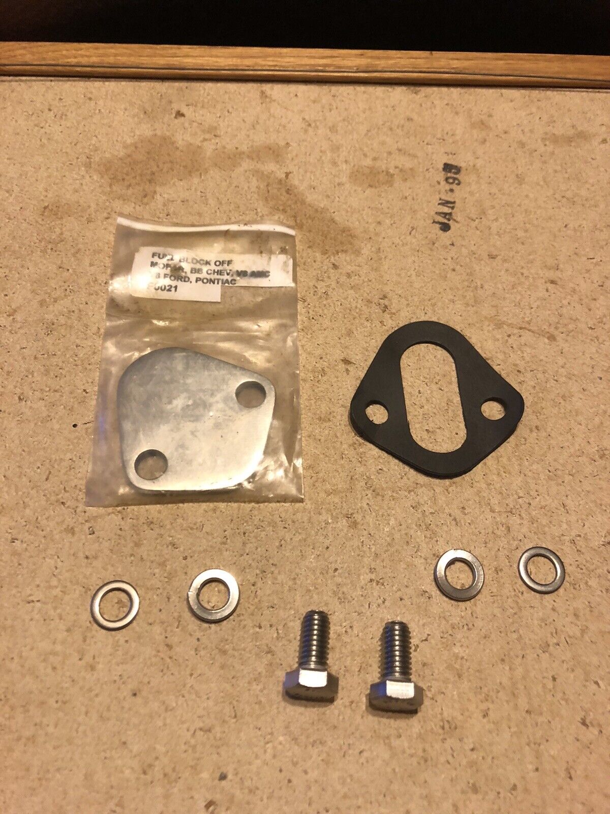 AMC CHEVY,FORD.POMTOAC fuel pump block off PO;LSHED STAINLESS w/gasket & bolts