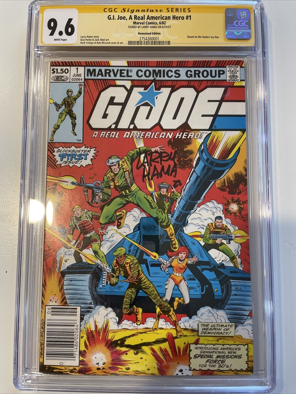 GI Joe #1 1982 Marvel CGC Graded 9.6 Newsstand Edition Signed Larry Hama. Rare