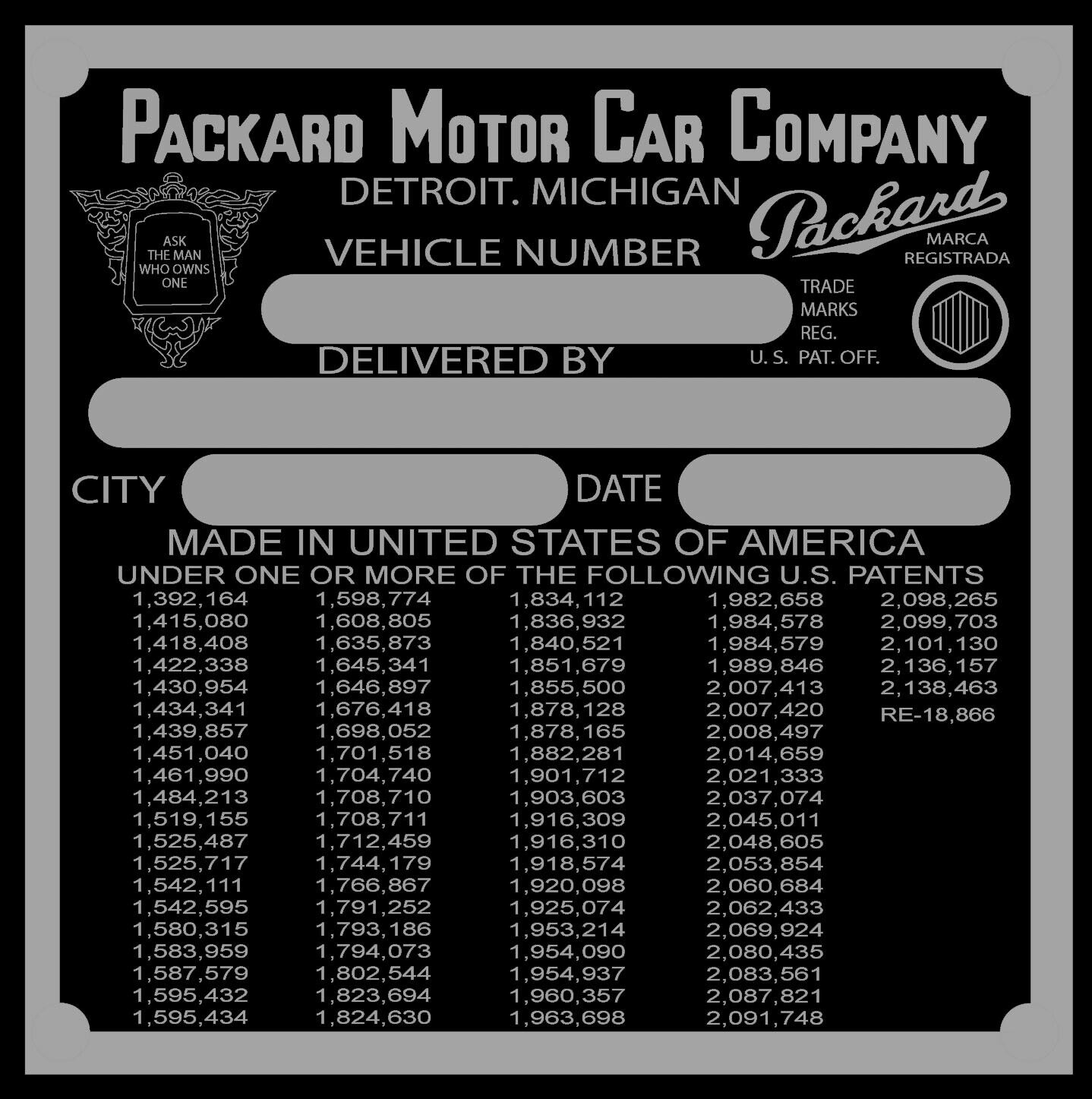 Packard 1940 Cowl Plate Tag Serial Number ID Identification Aluminum Correct