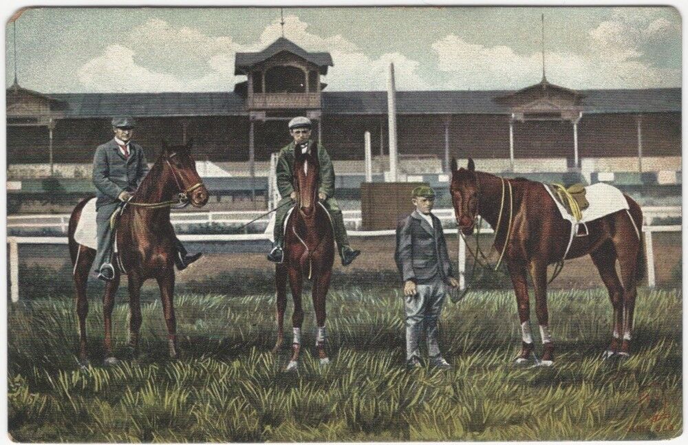 Two Jockeys + Trainer with Race Horses at the Racing Track 1900s Sport Postcard