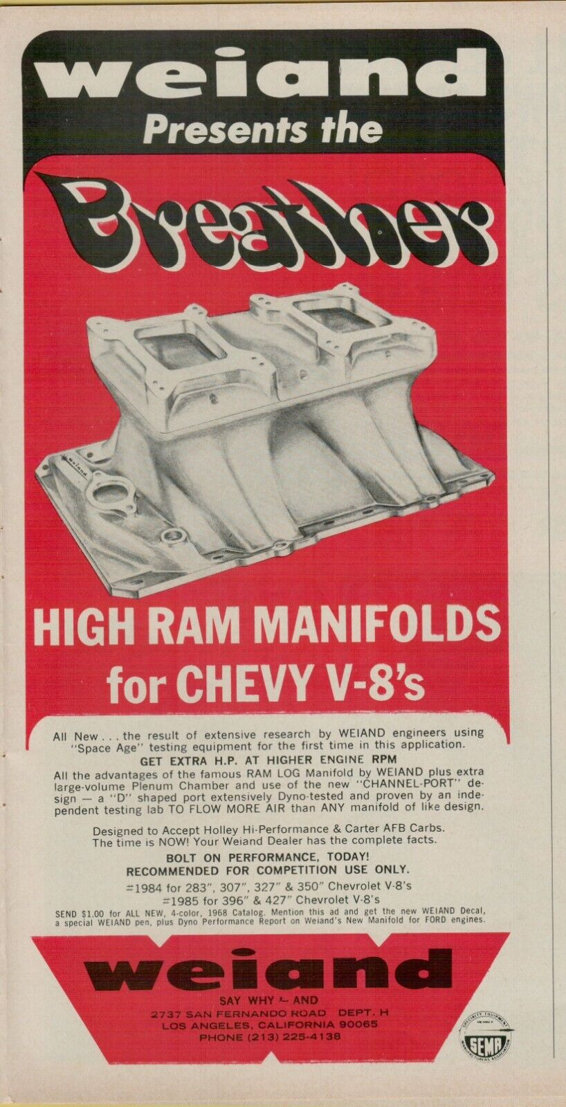 1969 Weiand Breather High Ram Manifolds for Chevy V-8\'s More HP VINTAGE PRINT AD