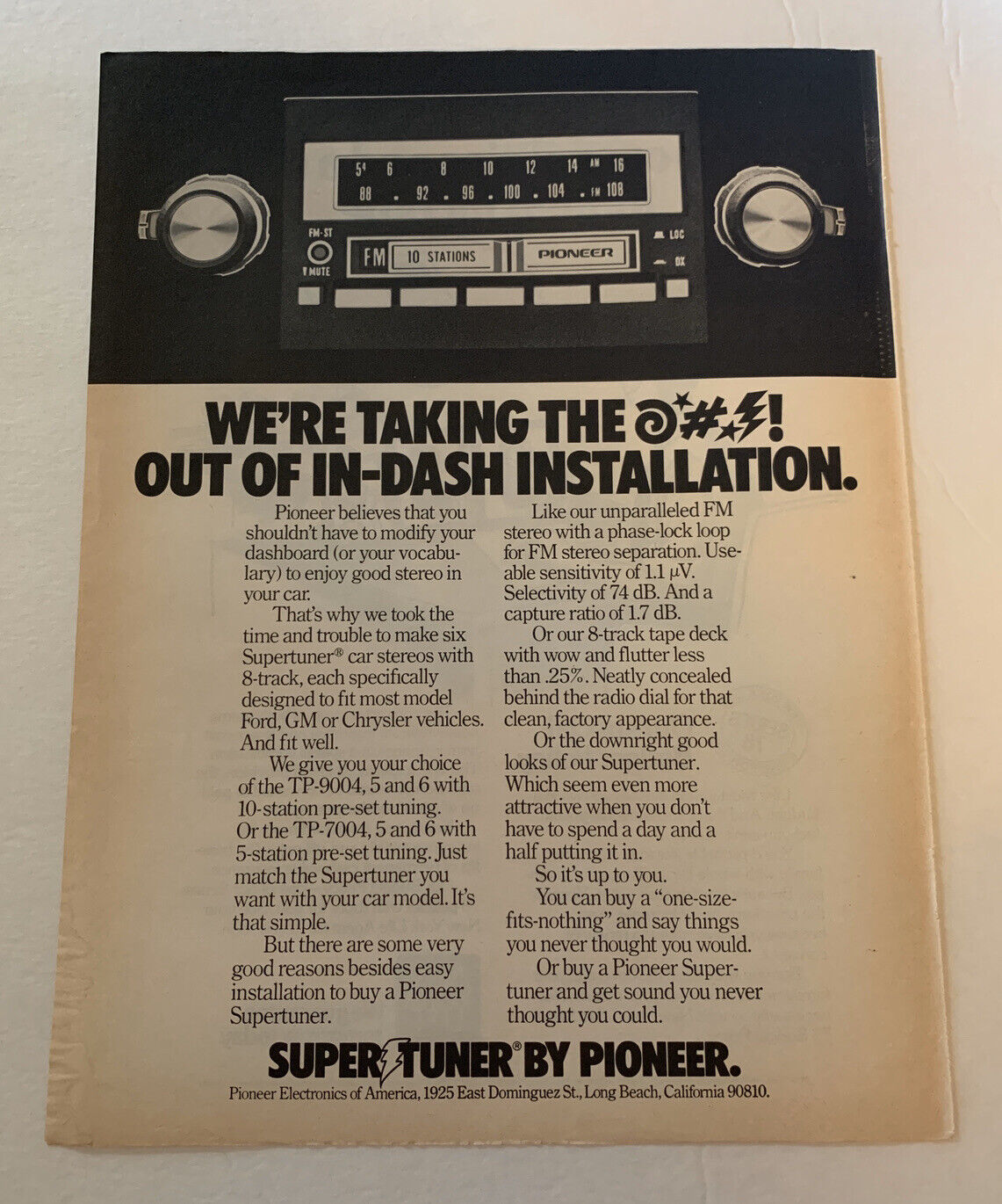1978 Pioneer TP-9004 9005 9006 Car Stereo Radio AM FM Cassette Print Ad