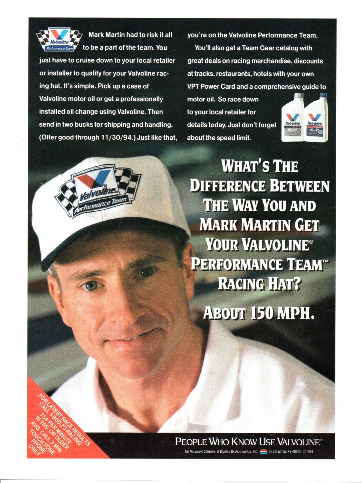 1994 MARK MARTIN VALVOLINE MOTOR OIL Nascar Racing PRINT AD WALL ART - VINTAGE